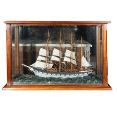 Antique Four Masted Sailing Schooner Model in Mahogany Case