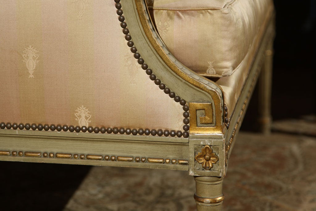 Fabric Painted and Parcel Gilded Marquise Settee with Silk Upholstery by Maison Jansen