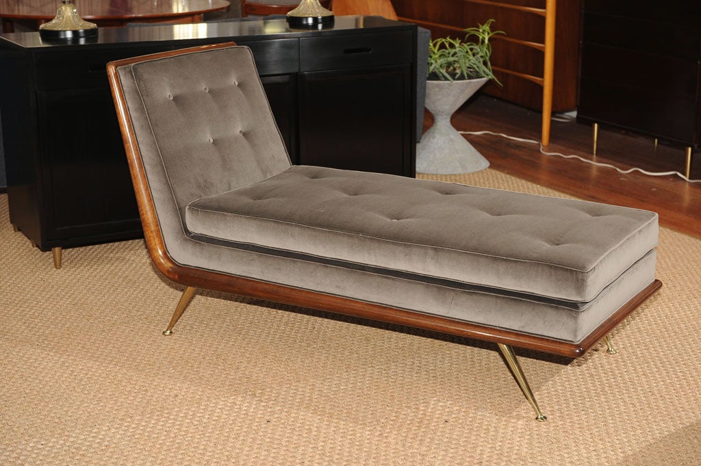 Extremely rare T.H.Robsjohn-Gibbings chaise lounge designed for Widdicomb furniture company. Refinished mahogany frame on polished tapering brass legs and upholstered in Maharam velvet.