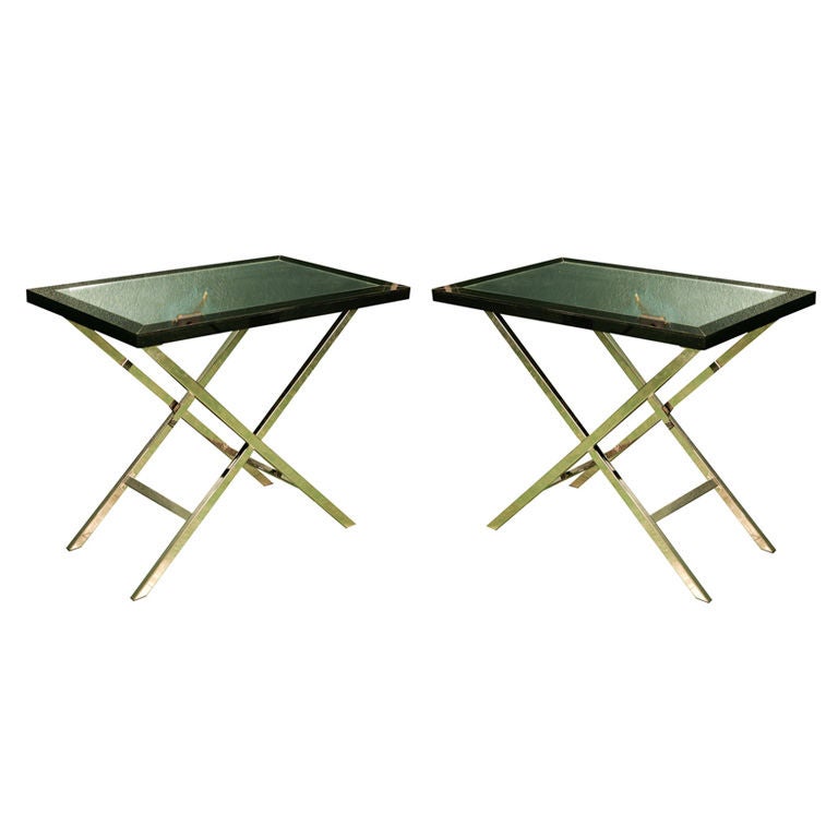 Vintage 70's Mirror and Black Glass Tables For Sale