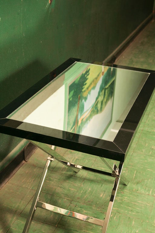 Vintage 70's Mirror and Black Glass Tables For Sale at 1stDibs