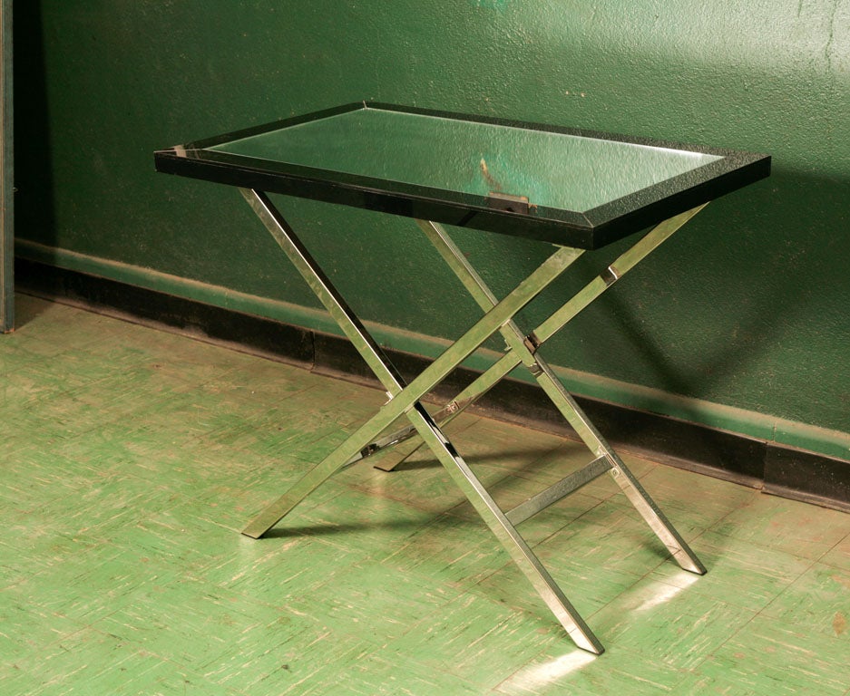 Vintage 70's Mirror and Black Glass Tables For Sale at 1stDibs