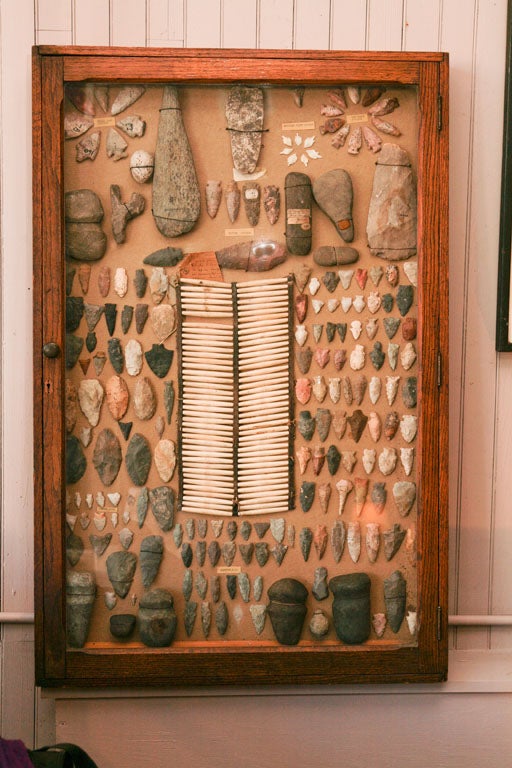Collection of Indian Artifacts<br />
Mounted in Oak Display Case<br />
consisting of Arrowheads, Knives, Tools, Breastplate Centerpiece<br />
From Indiana, Connecticut, Rhode Island