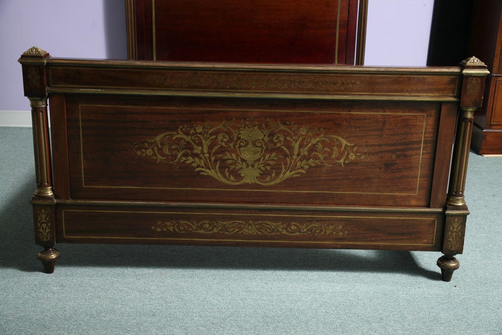 19th Century A 19th c. Antique Mahogany French bed with Brass inlay For Sale