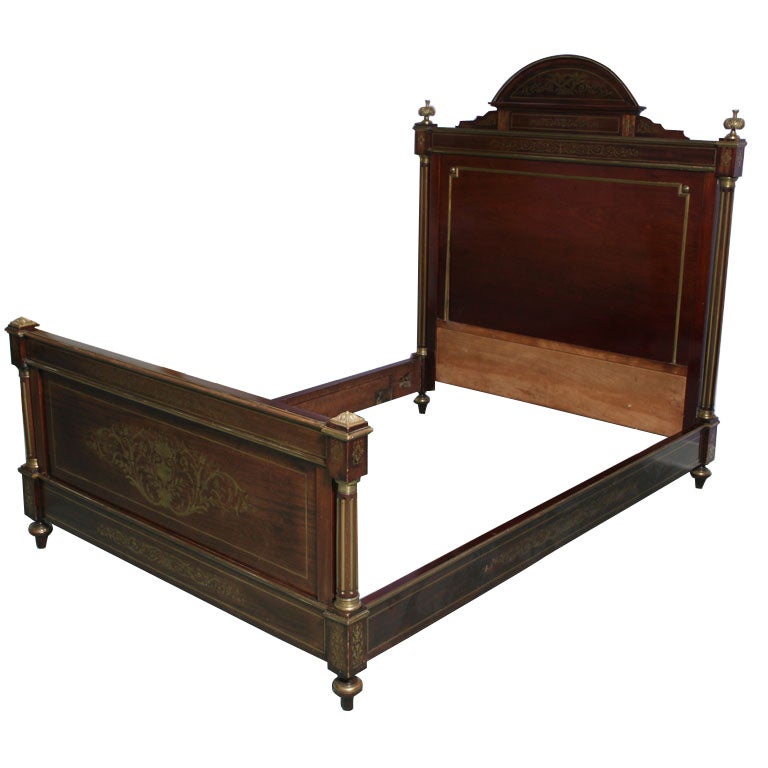 A 19th c. Antique Mahogany French bed with Brass inlay For Sale