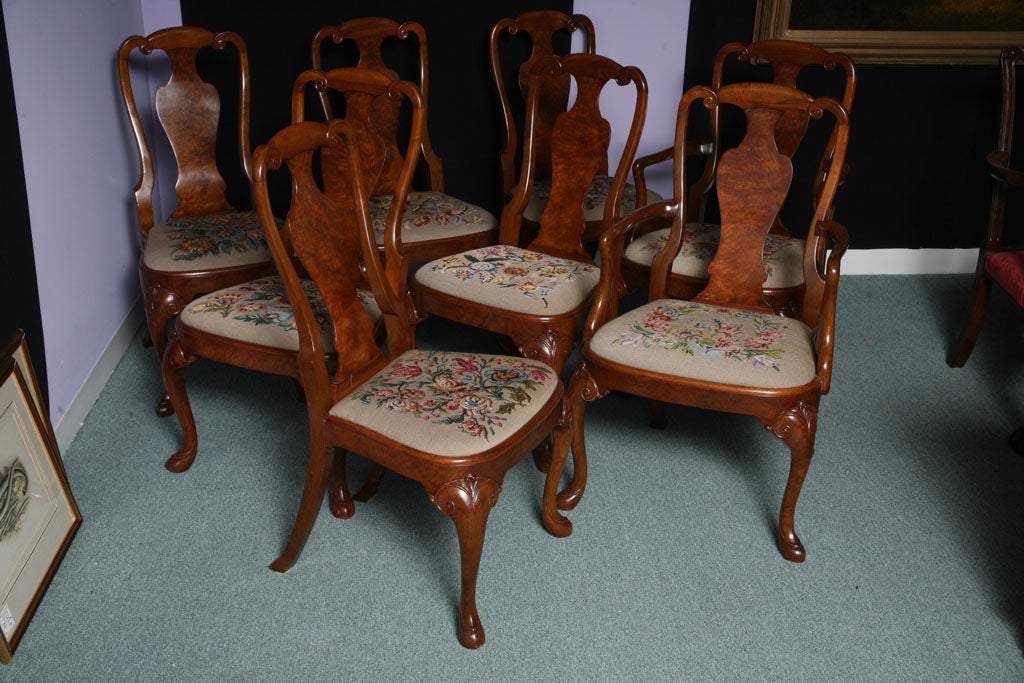 A Set of 8 English Queen Anne Dining Chairs consisting of 6 side chairs and 2 armchairs