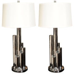Pair of Chrome Skyscraper Lamps with Modernist Spiral Design