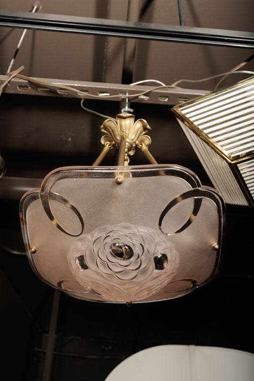 Art Deco Relief and Frosted Copper Glass Chandelier by Degue