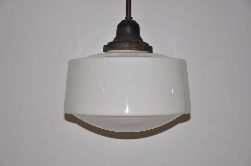 Generously proportioned 1930's schoolhouse pendant light. Fixture is from The Marietta School, expertly rewired and in excellent vintage condition.