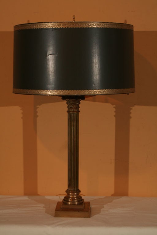 Large English Neo-Classical Bronze Corinthian Column Oil Lamp, Circa 1830. Electrified. (Shade optional H: 12 in., Dia: 22 in.)
