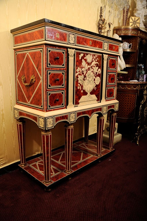 Baroque Red Lacquer Faux Ivory & Tortoiseshell Cabinet on Stand