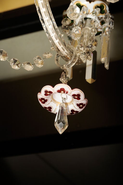 Czech Bohemian Green Ruby Red and White Overlay Glass Chandelier For Sale