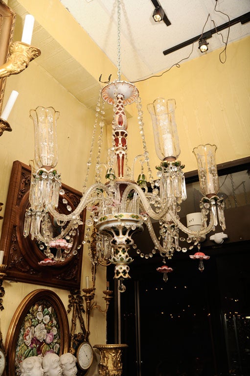 Bohemian Green Ruby Red and White Overlay Glass Chandelier In Good Condition For Sale In New York, NY
