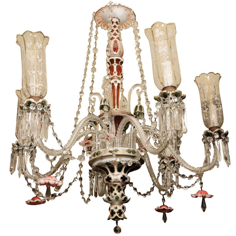 Bohemian Green Ruby Red and White Overlay Glass Chandelier For Sale