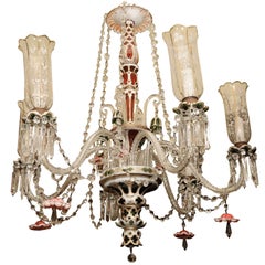 Bohemian Green Ruby Red and White Overlay Glass Chandelier