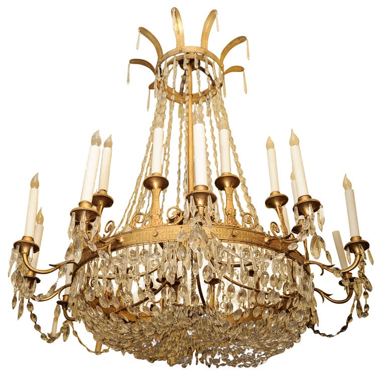 Antique Empire Bronze Twenty-three-light Crystal and Bronze Chandelier
