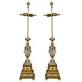 Pair of 19th c. Rock Crystal and Dore Bronze Candlestick Lamps