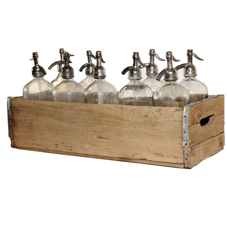 Set of 9 vintage seltzer bottles and carrier