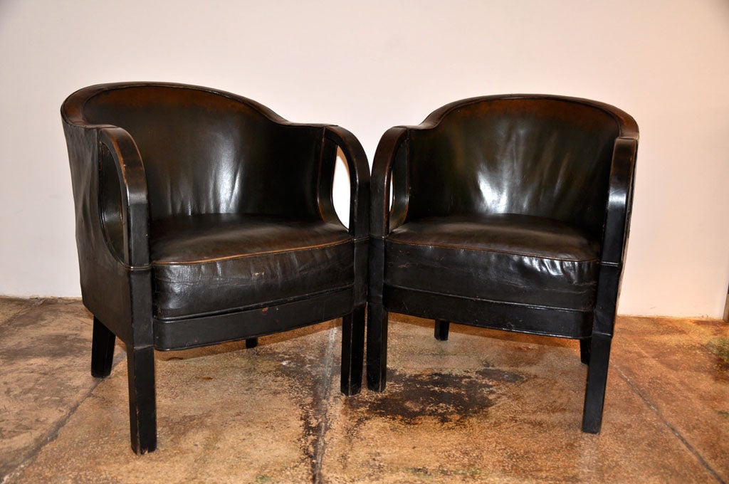 French Pair of Rounded Leather Side Chairs
