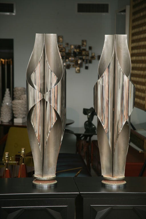Rare Pair of Stainless Steel Sculptural Lamps by Louis Durot