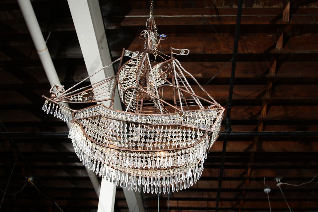 Brass & Crystal Galleon Ship Chandelier In Excellent Condition In Manhasset, NY