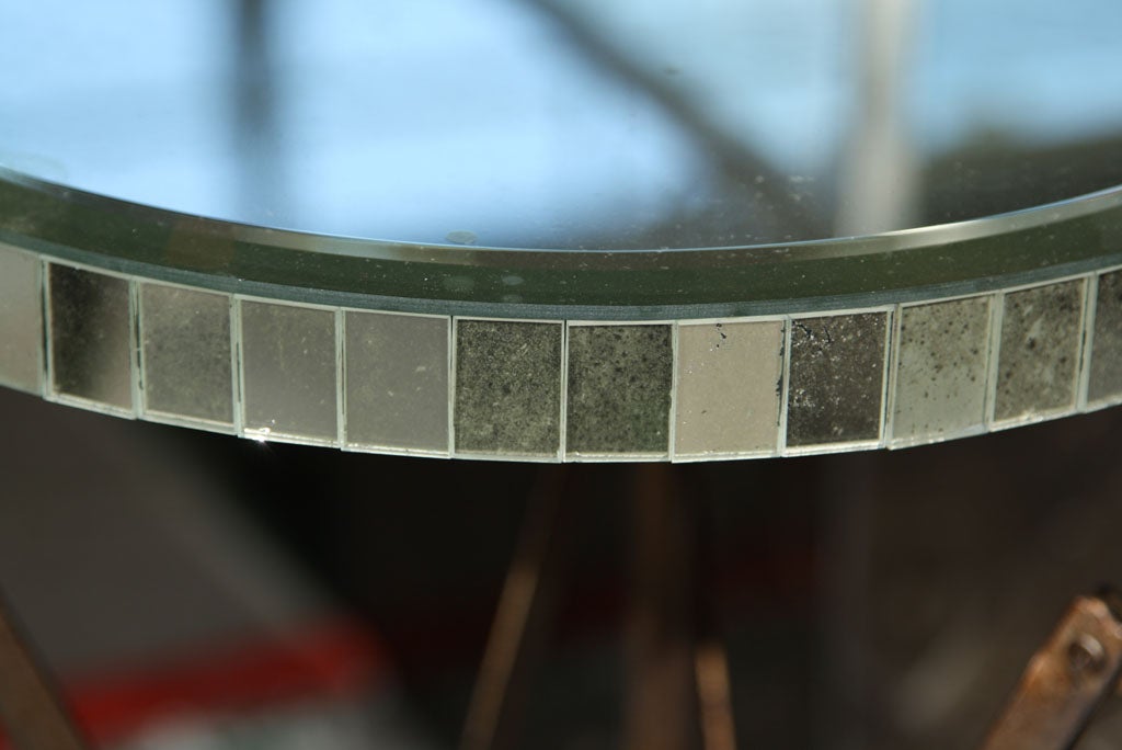 American Decorative Circular Mirror Top Patinated Metal Stand On Scrolled Feet