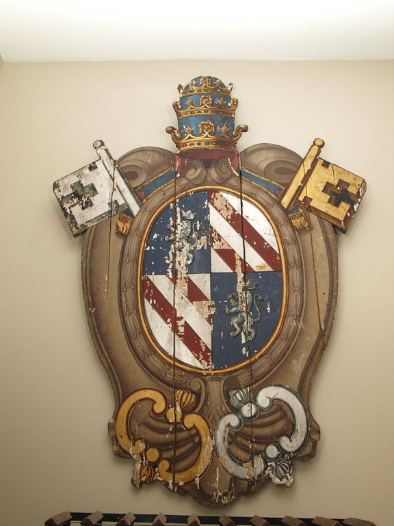 19th c large amorial crest painted on wood planks with gilt decoration. A fellow 1stdibs dealer let us know this is the coat of arms of Pope Pius IX,Giovanni Maria Mastai Ferretti. He was the longest reigning pope. He died in 1873. This is probably