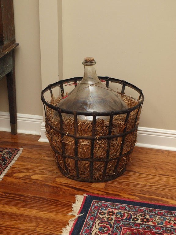 Straw FRENCH WINE JUG WITH IRON STORAGE CAGE For Sale