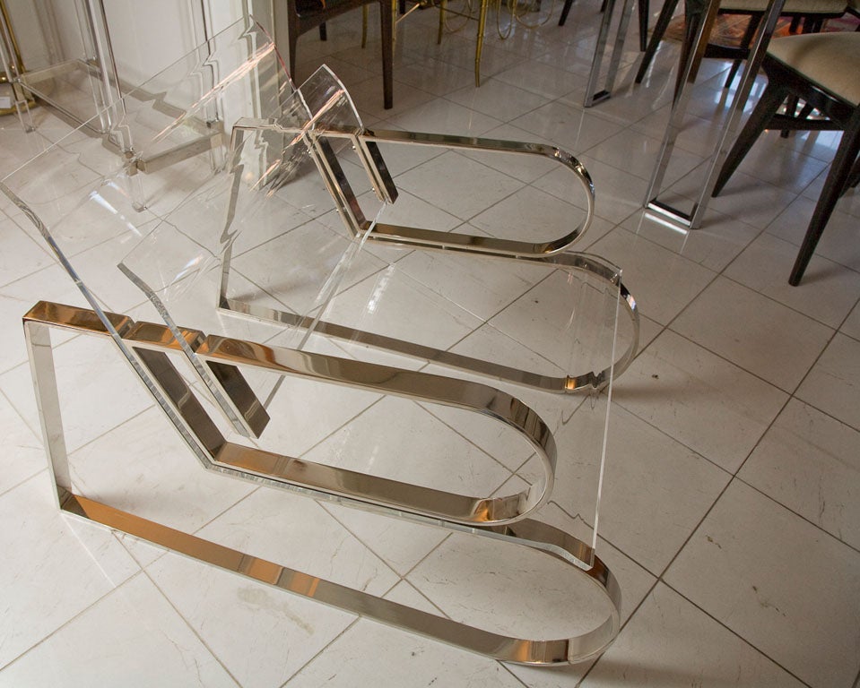 A gorgeous Charles Hollis Jones Double Crescent lounge chair in Nickel and Lucite. Charles cleverly added the 