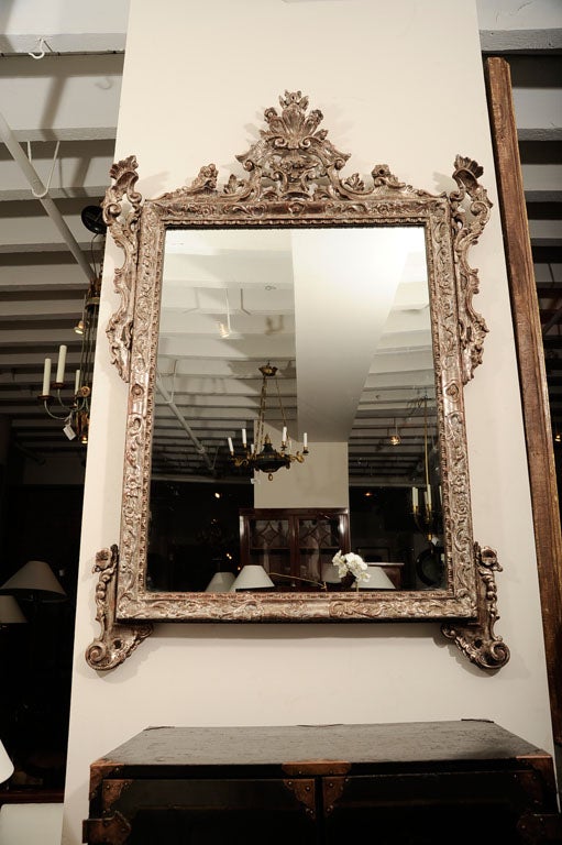 Early 19th Century Silver Leaf Carved Rococo Style Mirror