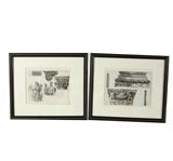 Antique TWO PEN AND INK DRAWINGS AND WASH