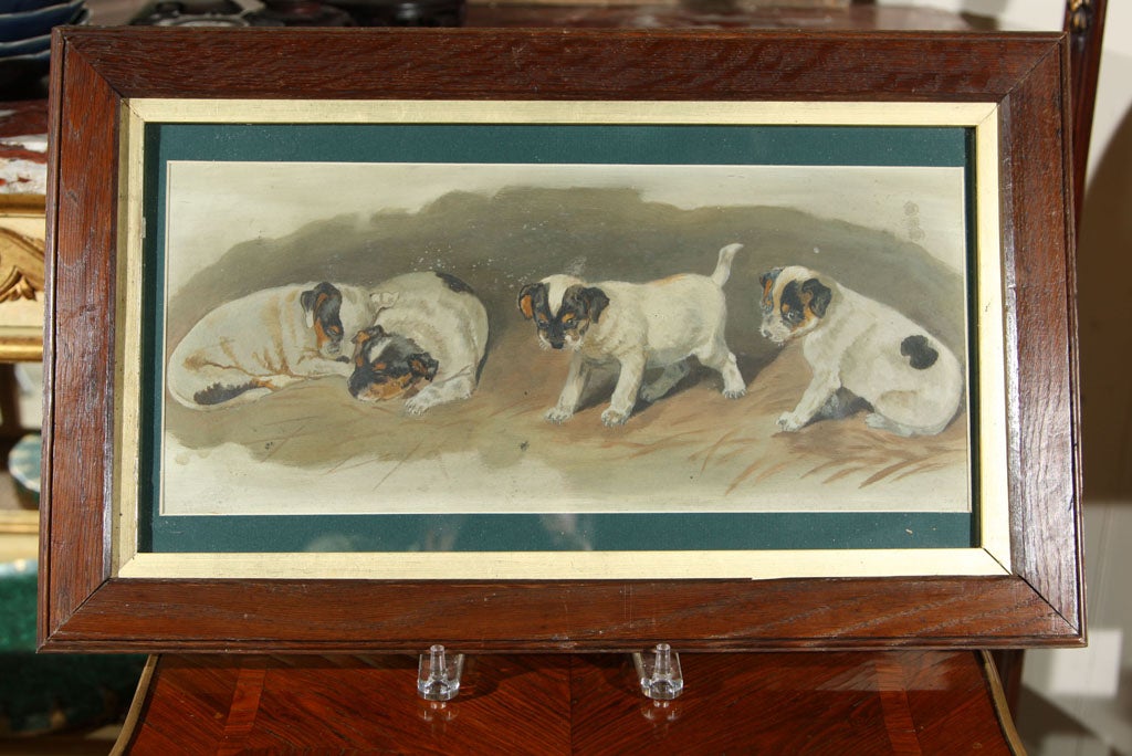 A framed and matted oil sketch of four puppies (Jack Russells?) canvas on artist board. Oak frame.