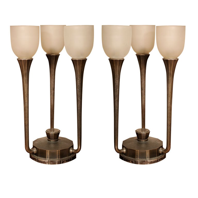 Pair of Art Deco Three-Light Table Lamps by J. Codure For Sale