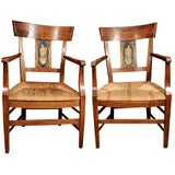 Antique Pair of 19th Century French Armchairs with Painted Backs