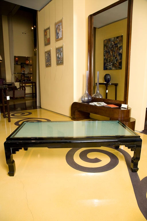 Art Deco black lacquer coffee table with sandblasted glass (new glass)