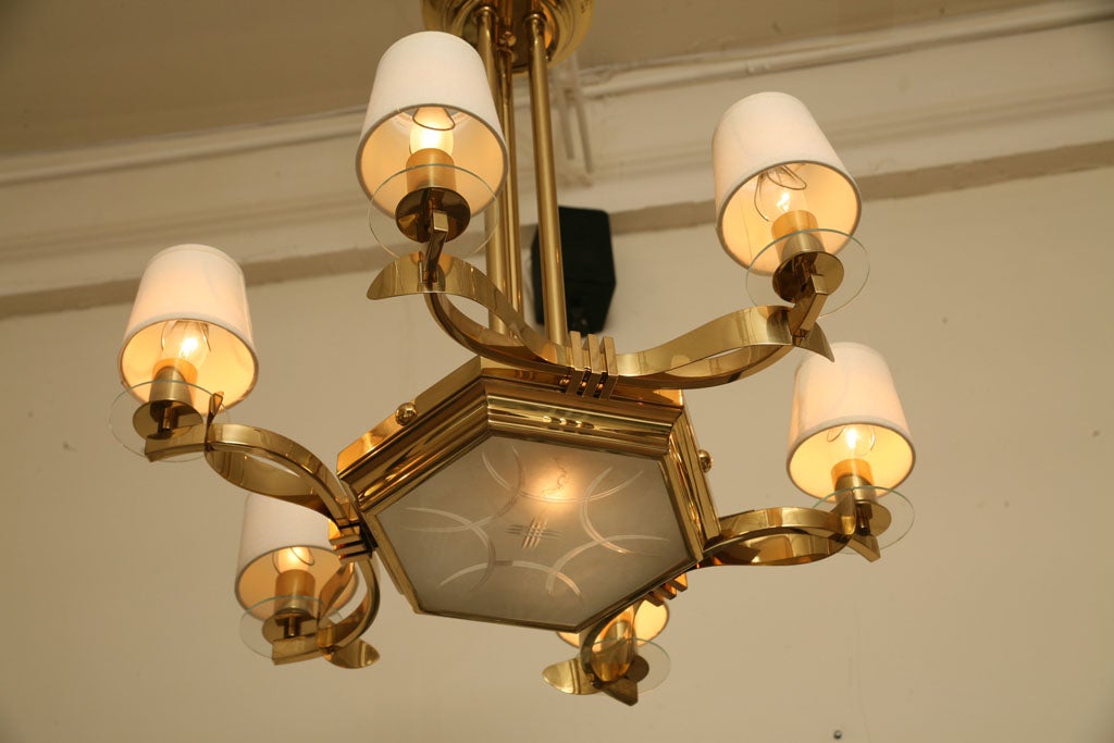 Mid-Century Modern Vintage French Brass and Glass Chandelier Inspired by Gilbert Poillerat