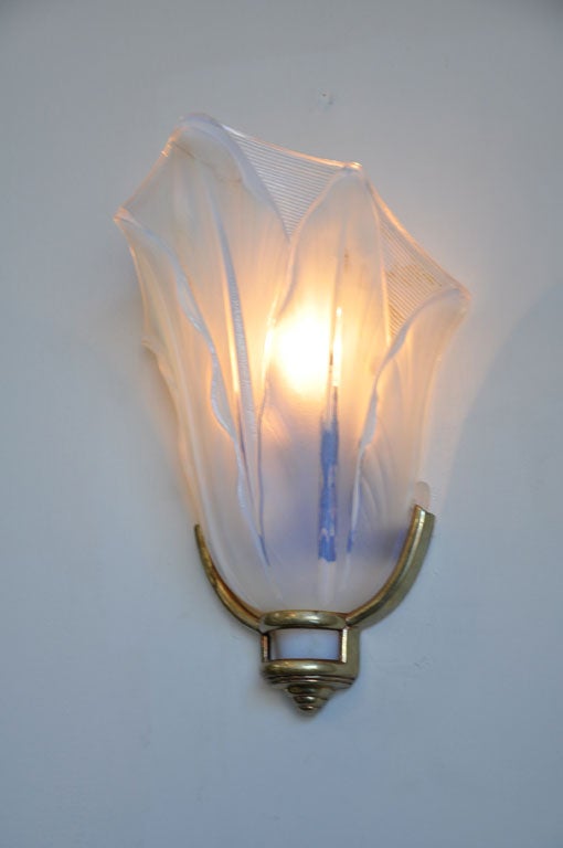 French Pair of Brass and Opaline Glass Sconces
