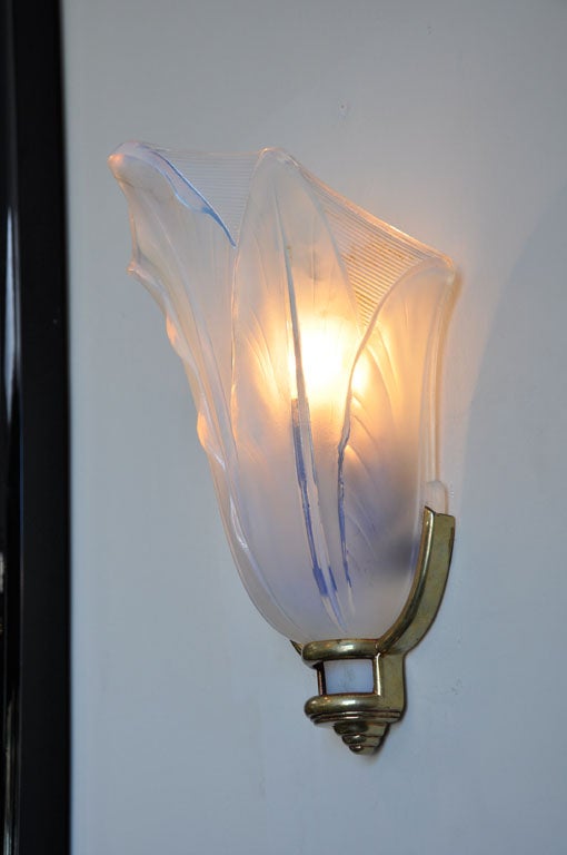 Pair of Brass and Opaline Glass Sconces In Excellent Condition In Los Angeles, CA