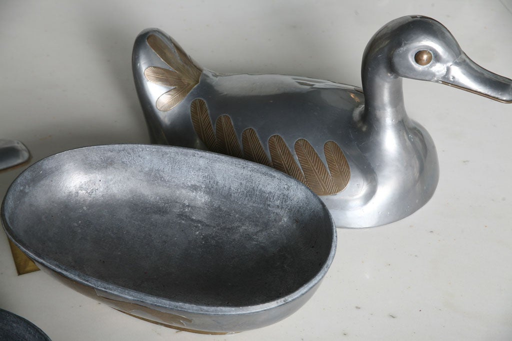 Mid-20th Century Pair Pewter and Brass Duck Boxes