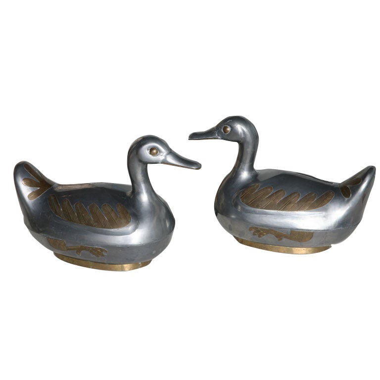 Pair Pewter and Brass Duck Boxes