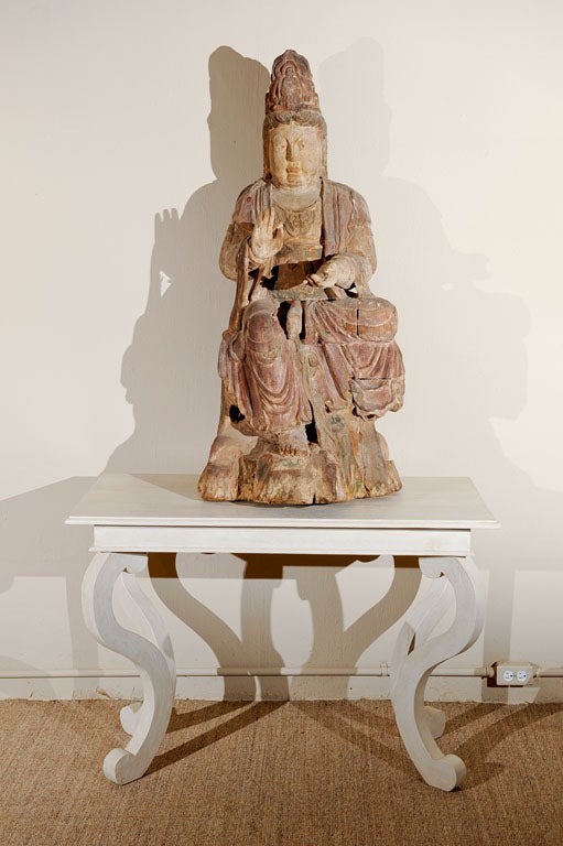 Antique Large 46" Painted Wood Buddha