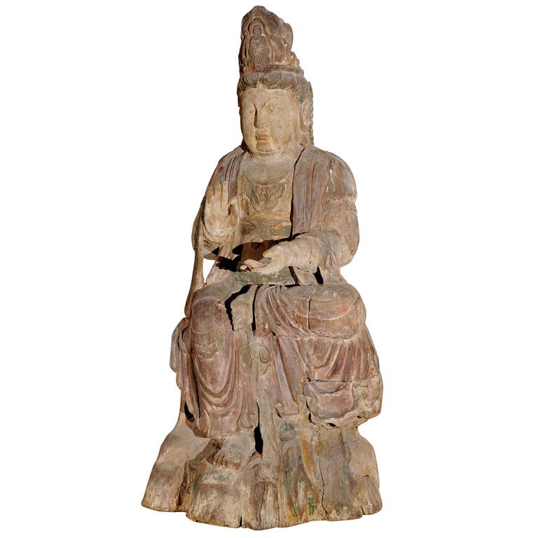 Antique Large 46" Painted Wood Buddha For Sale