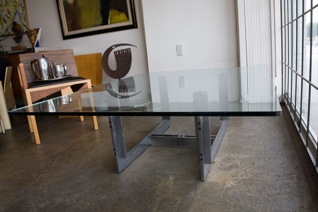 Italian Carlo Scarpa stainless steel coffee table and brass top detail