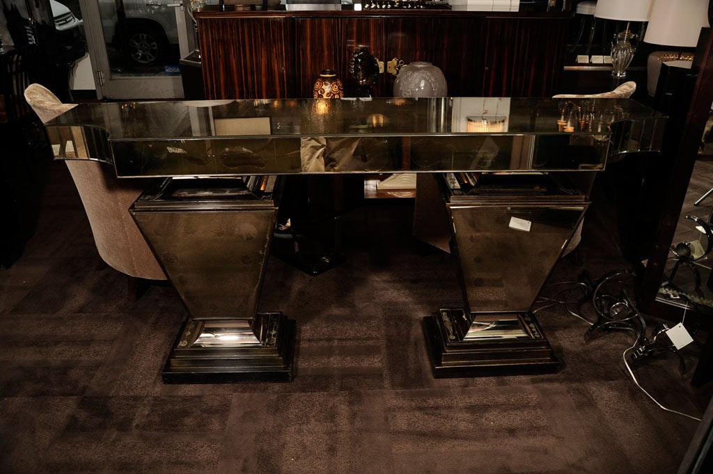 Art Deco Smoked Mirrored Console with Double Pedestal Base 5