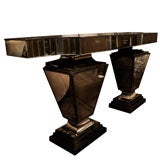 Art Deco Smoked Mirrored Console with Double Pedestal Base