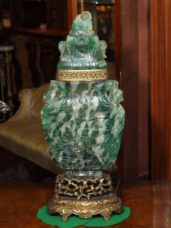 19th Century Carved Jade Quartz Lamp