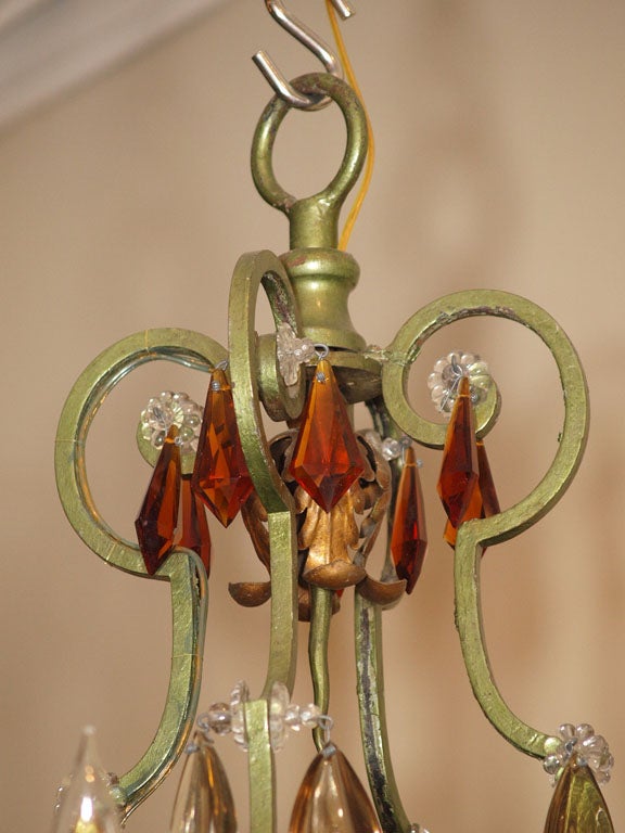 19th Century French Painted Iron, Tole, and Baccarat Crystal Chandelier