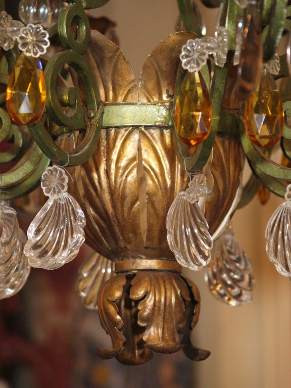 French Painted Iron, Tole, and Baccarat Crystal Chandelier 4
