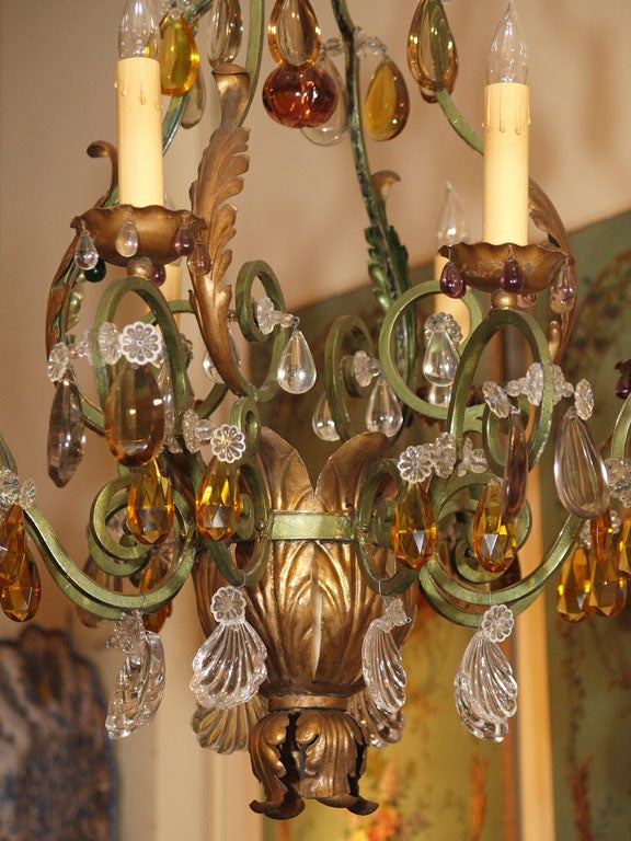 French Painted Iron, Tole, and Baccarat Crystal Chandelier 7
