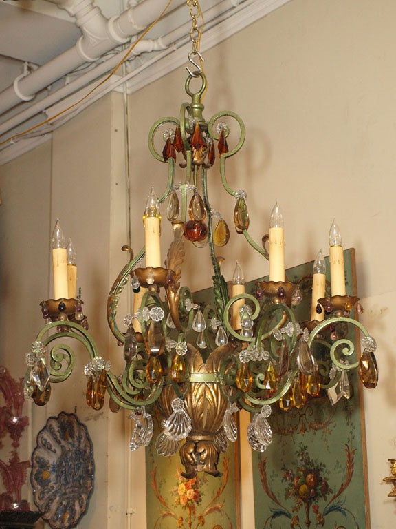Antique French Painted Iron and Tole with Multi-Colored Baccarat Prisms<br />
100 years old